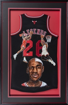 Michael Jordan & Lebron James Signed Chicago Bulls "Legends" Jersey With Artist Rendition Painting In 32x50 Framed Display (Upper Deck)